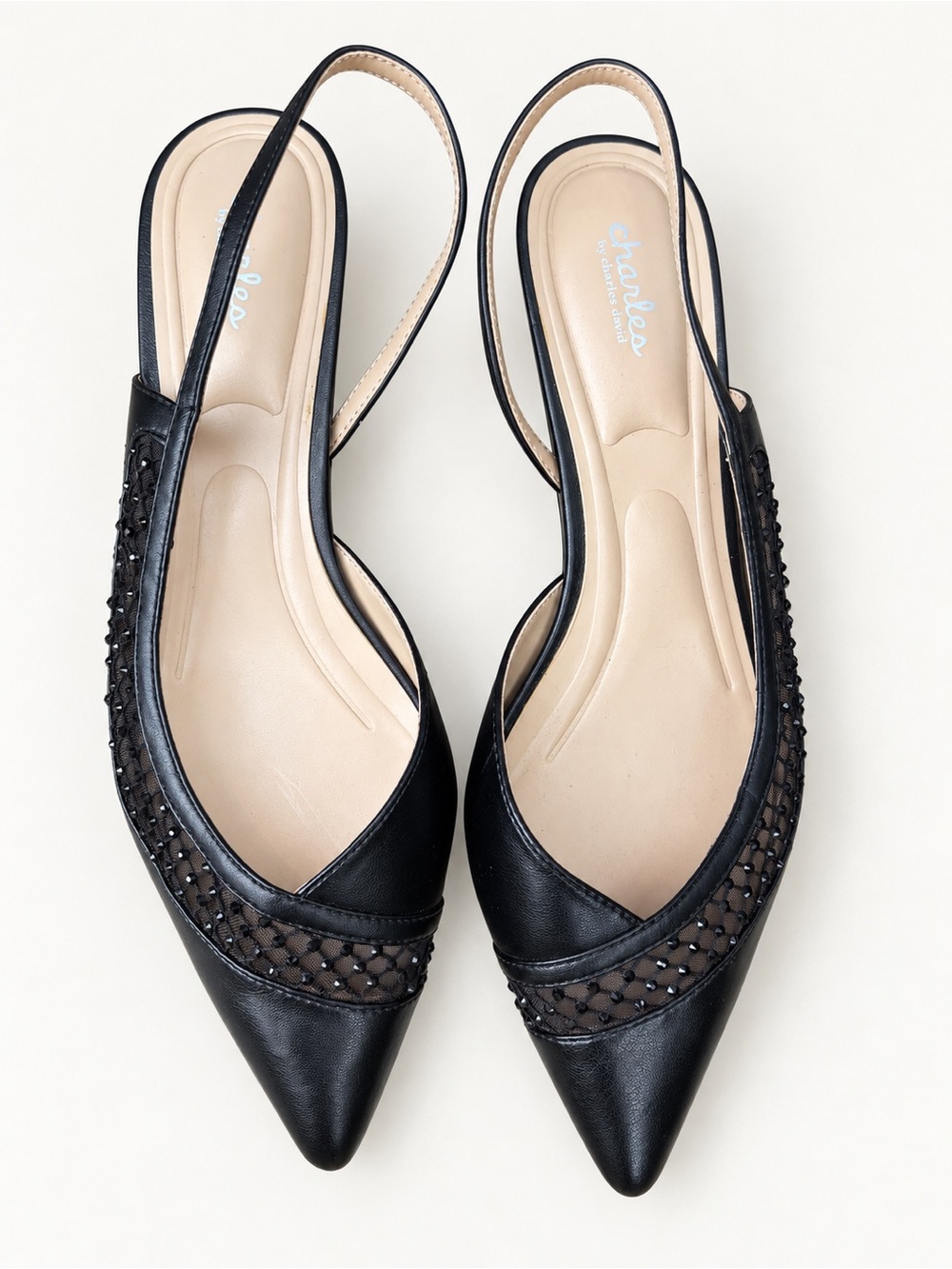 Charles David "Angel" Black Mesh Rhinestone Slingback Kitten Heels SZ 11 - Picture 4 of 9
